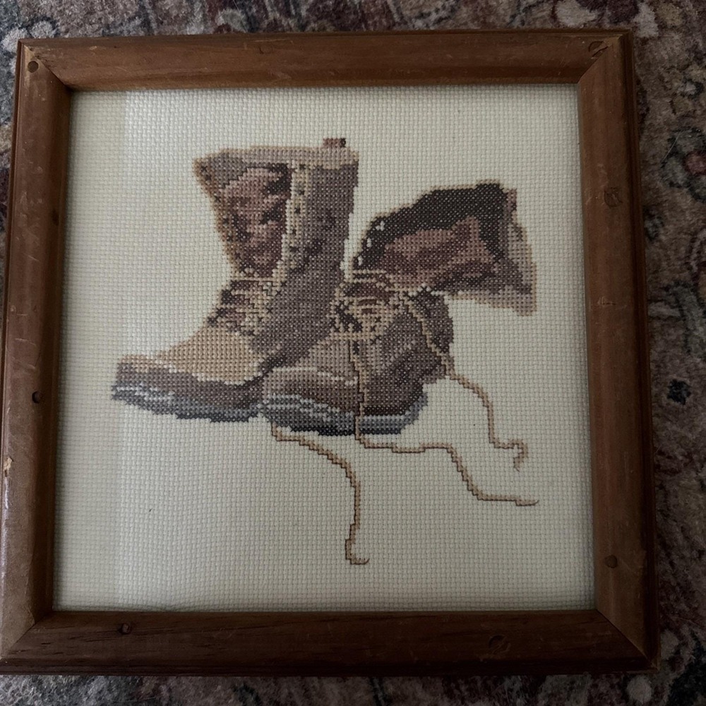 Vtg Embroidery Cross Stitch Needlepoint Work Boots In Rustic Wood Frame 9.5 inch